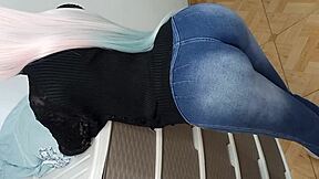 my horny stepdaughter shows her big virgin ass in jeans, lifts it for my huge thick cock