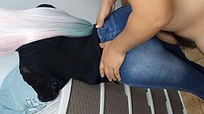 my horny stepdaughter shows her big virgin ass in jeans, lifts it for my huge thick cock