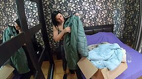 Milfy Calla Suggests a Lot of Cum on Her Red Shiny Puffy Down Jacket.