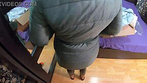 Milfy Calla Suggests a Lot of Cum on Her Red Shiny Puffy Down Jacket.