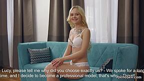 The tempting virgin girl feels intense pleasure as she pleasures her pink snatch to orgasm