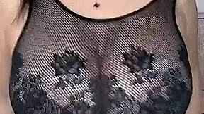 In stockings on the body mesh fucks huge natural tits from above