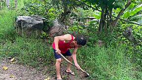 Busty stepmother fucks the old gardener on the estate in real homemade sex