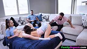 Mischievous teen 18+s get reprimanded by their stepdads in a family setting.