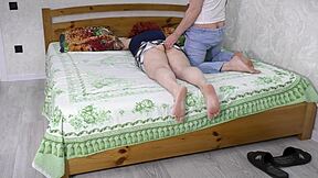 Stepmom lays on bed inviting stepson for sex