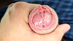 Lots of precum while edging my unique cock in this homemade solo session.