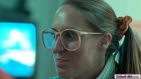 Nerd babe engages in intense scissoring with her lesbian best friend, their big tits pressing together in a group fantasy.