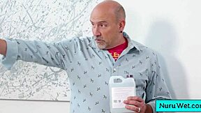 sexy blonde teen masseuse slips with nuru gel on big boobs