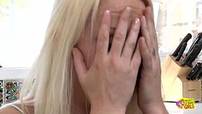 Blonde milf gets jugs and clit licked by lesbian delivery girl.