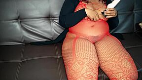 horny mom in red mesh lingerie teases with titjob offer