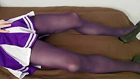 Is shemale jerking off in cheerleading skirt and tights?