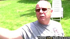 i bent over this petite shaved teen pussy for hardcore doggystyle with older guy licks