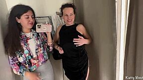 Two horny milf teen lesbians kiss pussy play in public locker room bitch action