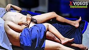 indonesian teen girlfriend massages friend's cock then handjobs to cumshot satisfaction