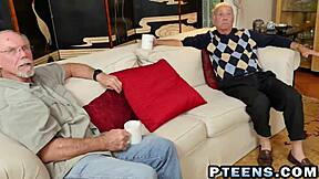 Hardcore threesome two horny teens suck fuck nasty grandpa cock nonstop