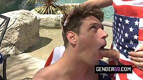 Hot shemale tgirls in hardcore group fucking orgy by the pool