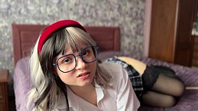 bold college coed in lingerie stockings teases her naughty feet fetish as submissive nerd secretary