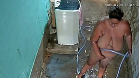 Stepmom's Hidden Bath Tease in Backyard