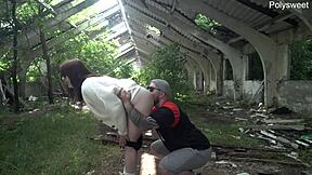 Public pegging thrills me in sunny outdoor femdom with curvy milf