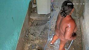 Stepmom's Hidden Bath Tease in Backyard