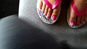 Jessica delivers steamy footjob handjob ending in hot cumshot flip flops