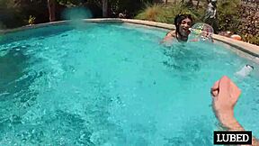 laynee james wets pussy in pool. then rides cock creampie