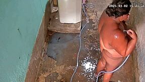 Stepmom's Hidden Bath Tease in Backyard