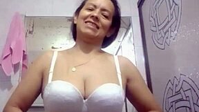 Agarabas fingers her big natural tits pussy in shower voyeur preview to creampie bliss