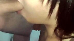 crossdressing transsexual sucks off young client's huge pink monster cock in apartment