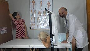 two naughty girls visit gynecologist to play with their pussies