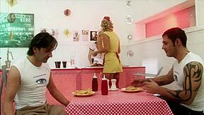 Milf Waitresses Diana Gold Eva Mercedes Suck Monster Cocks Facial Cumshots in FFMM Food Foursome Interracial Shaved Pussies Heels