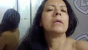 Agarabas fingers her big natural tits pussy in shower voyeur preview to creampie bliss