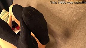 japanese femdom girlfriend in navy socks gives footjob tease licks and bukkake finish on m male slave