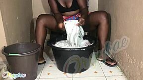 Homemade Shaved Housewife Does Weekend Laundry Chores at Home