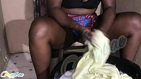 Homemade Shaved Housewife Does Weekend Laundry Chores at Home