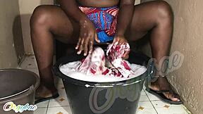 Homemade Shaved Housewife Does Weekend Laundry Chores at Home