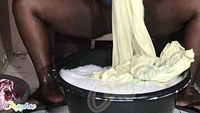 Homemade Shaved Housewife Does Weekend Laundry Chores at Home