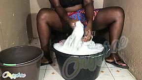 Homemade Shaved Housewife Does Weekend Laundry Chores at Home