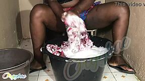 Homemade Shaved Housewife Does Weekend Laundry Chores at Home