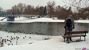 old guy talks curvy nylon teen into outdoor snow fuck