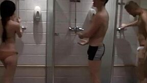 Skinny brunette at the stag party? She drops for a wild group blowjob scene 3