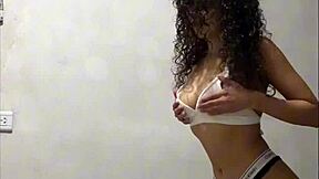 cute colombian latina babe flashes her pussy tits upskirt in lingerie skirt before public outdoor fuck