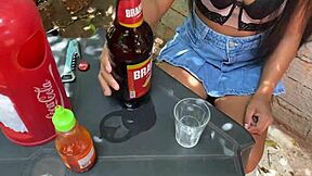 A hot young thing in lingerie teases older guy at the fishing bar for outdoor fun