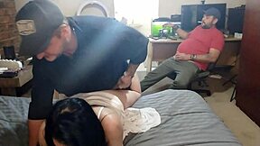 Cuckold babe with small tits and tattoos dirty talks while young guy fucks her sexy legs and ass