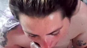 blonde girlfriend goes balls deep on her friend's throbbing cock swallowing every drop