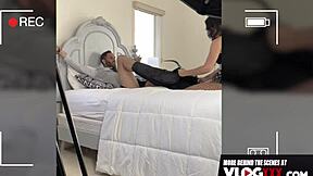 Hot brunette Latina Alina Lopez sucks cock bends over backstage in fishnets latex stockings