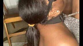 thick ebony slave leashed in fishnets takes huge cock deep in garage