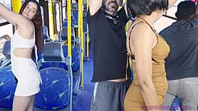 Her plump ass invites sneaky cumshot on crowded public bus under short skirt