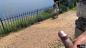 Girl in mountains helps with public dick flash to cum quick