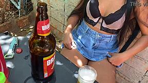 A hot young thing in lingerie teases older guy at the fishing bar for outdoor fun